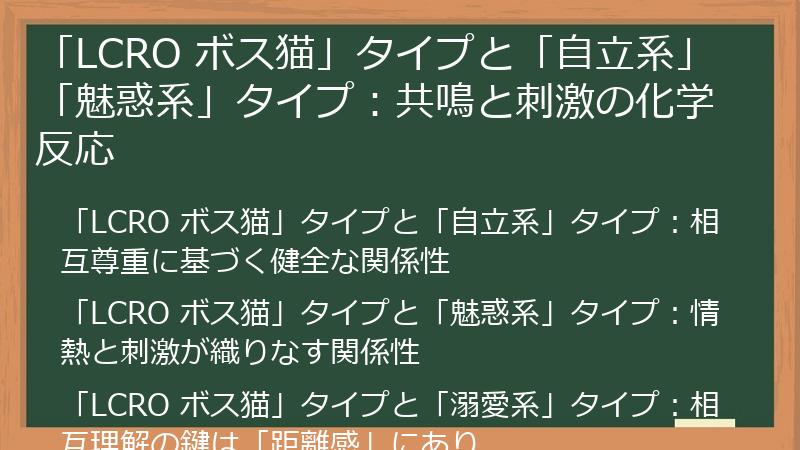 「LCRO ボス猫」タイプと「自立系」「魅惑系」タイプ：共鳴と刺激の化学反応
