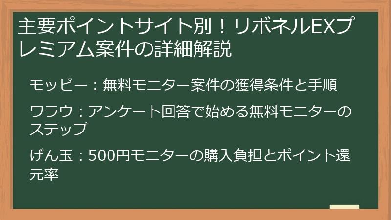 主要ポイントサイト別！リボネルEXプレミアム案件の詳細解説