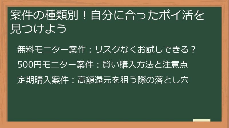 案件の種類別！自分に合ったポイ活を見つけよう