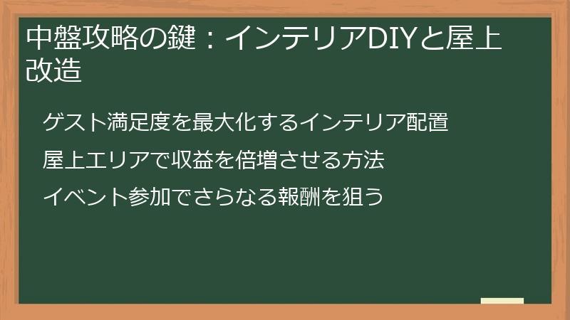 中盤攻略の鍵：インテリアDIYと屋上改造