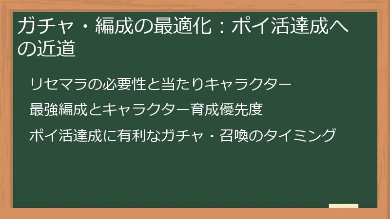 ガチャ・編成の最適化：ポイ活達成への近道