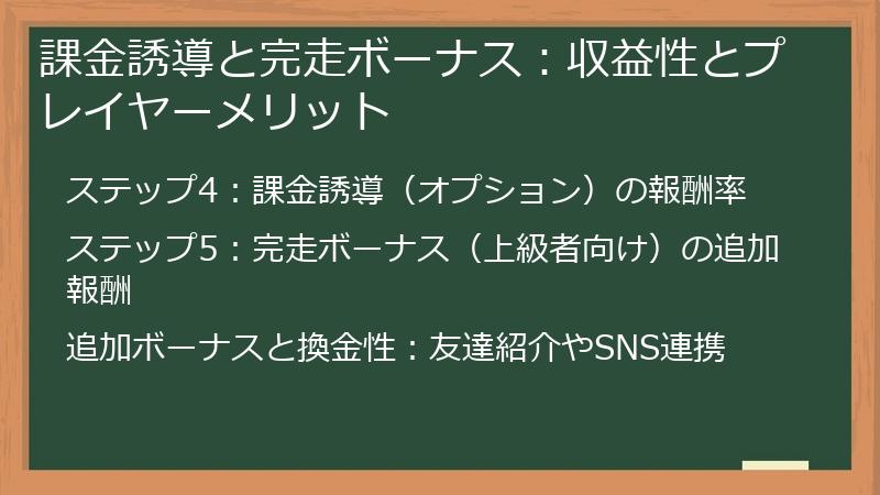 課金誘導と完走ボーナス：収益性とプレイヤーメリット