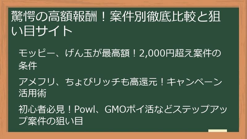驚愕の高額報酬！案件別徹底比較と狙い目サイト