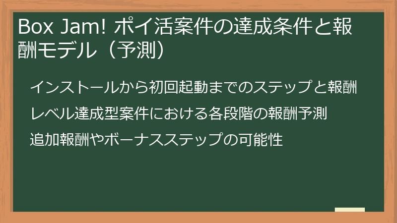 Box Jam! ポイ活案件の達成条件と報酬モデル（予測）