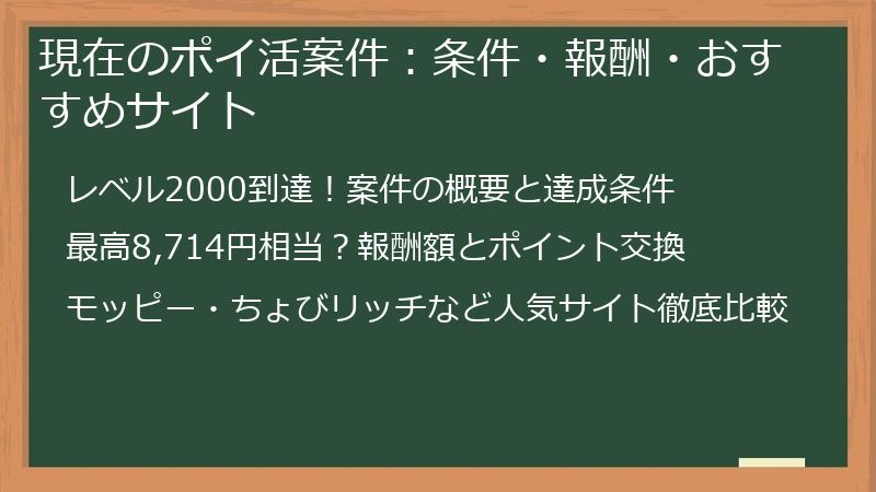 現在のポイ活案件：条件・報酬・おすすめサイト