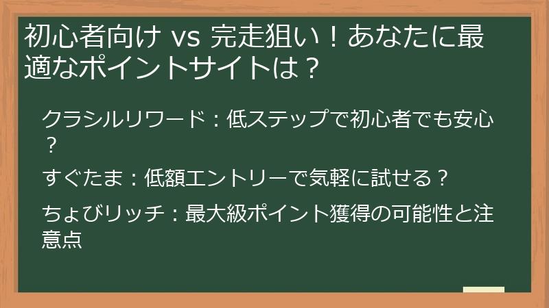 初心者向け vs 完走狙い！あなたに最適なポイントサイトは？