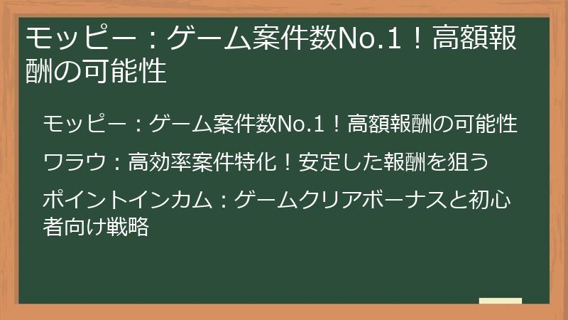 モッピー:ゲーム案件数No.1!高額報酬の可能性
