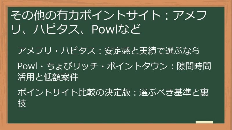 その他の有力ポイントサイト:アメフリ、ハピタス、Powlなど