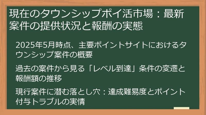 現在のタウンシップポイ活市場：最新案件の提供状況と報酬の実態