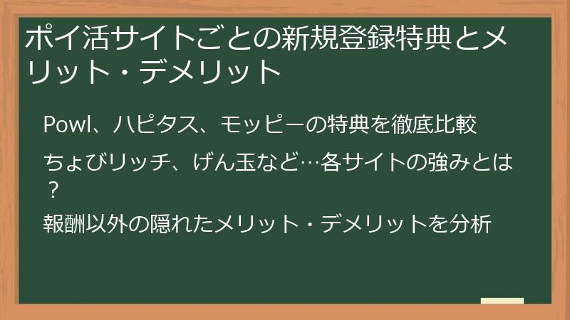 ポイ活サイトごとの新規登録特典とメリット・デメリット