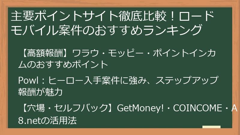 主要ポイントサイト徹底比較!ロードモバイル案件のおすすめランキング