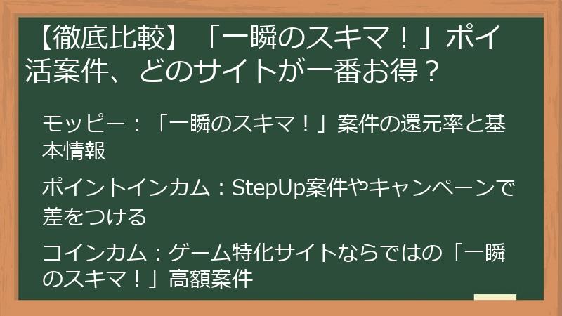 【徹底比較】「一瞬のスキマ!」ポイ活案件、どのサイトが一番お得?