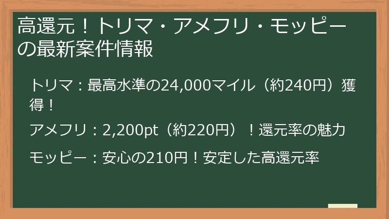 高還元！トリマ・アメフリ・モッピーの最新案件情報