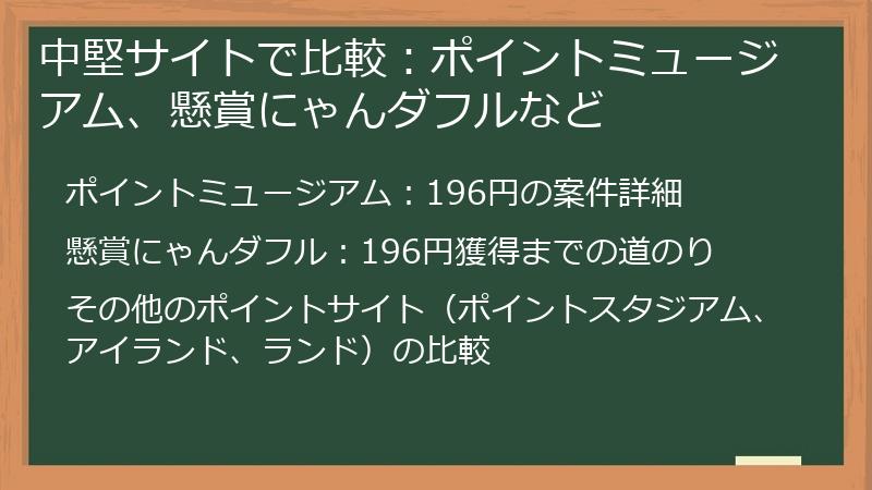 中堅サイトで比較：ポイントミュージアム、懸賞にゃんダフルなど