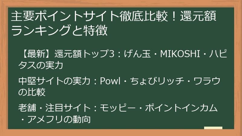 主要ポイントサイト徹底比較！還元額ランキングと特徴