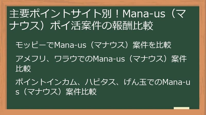 主要ポイントサイト別！Mana-us（マナウス）ポイ活案件の報酬比較