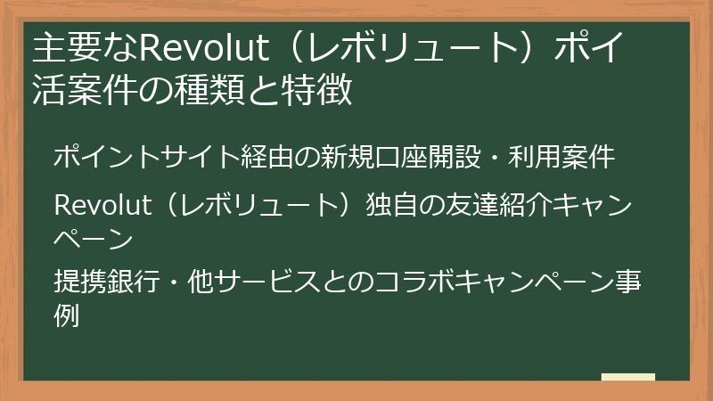主要なRevolut（レボリュート）ポイ活案件の種類と特徴