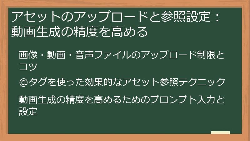 アセットのアップロードと参照設定：動画生成の精度を高める
