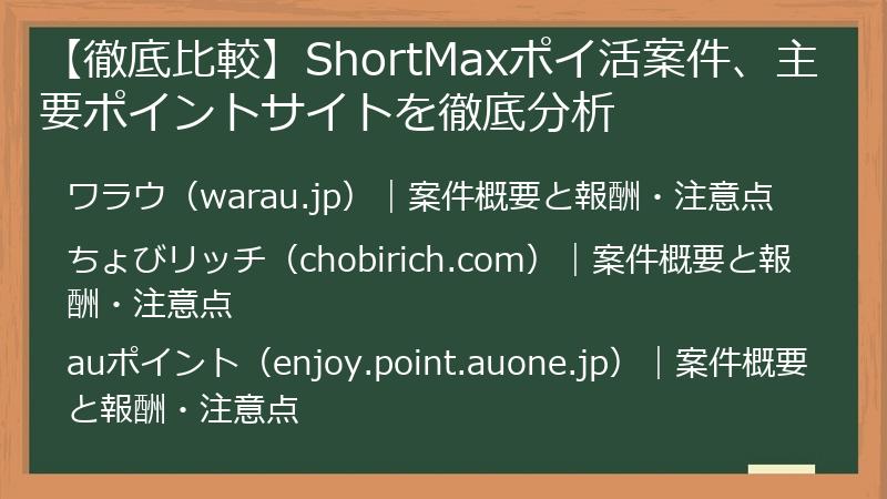 【徹底比較】ShortMaxポイ活案件、主要ポイントサイトを徹底分析