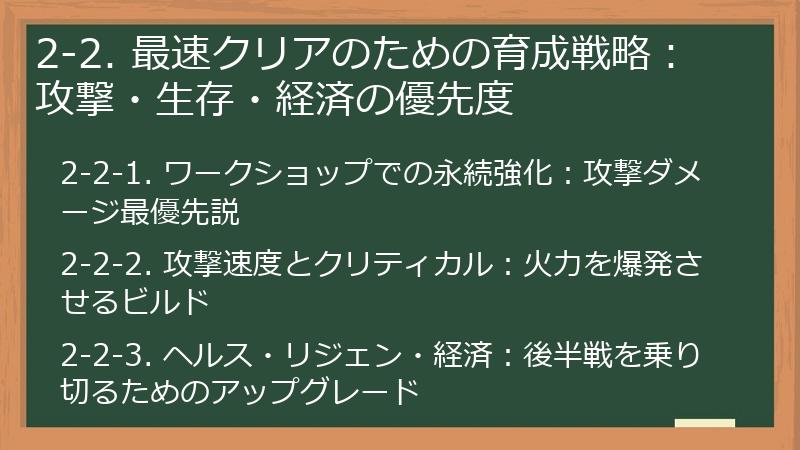2-2. 最速クリアのための育成戦略：攻撃・生存・経済の優先度
