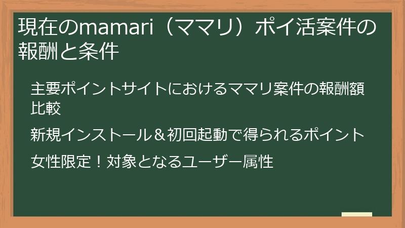 現在のmamari（ママリ）ポイ活案件の報酬と条件