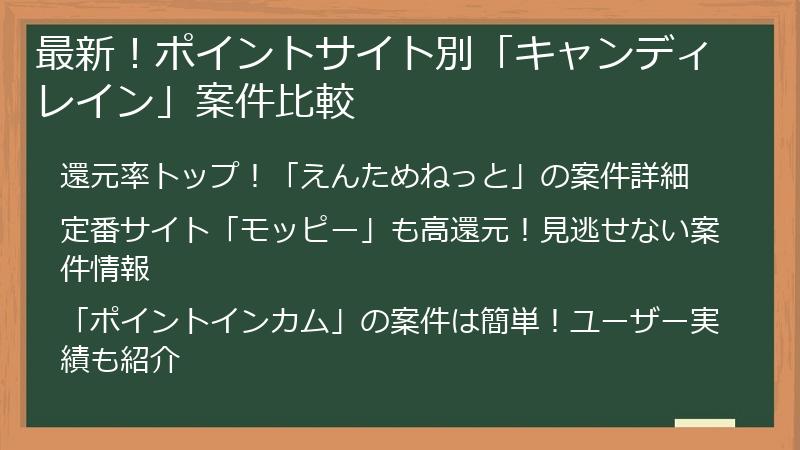 最新！ポイントサイト別「キャンディレイン」案件比較