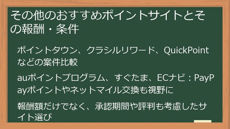 その他のおすすめポイントサイトとその報酬・条件
