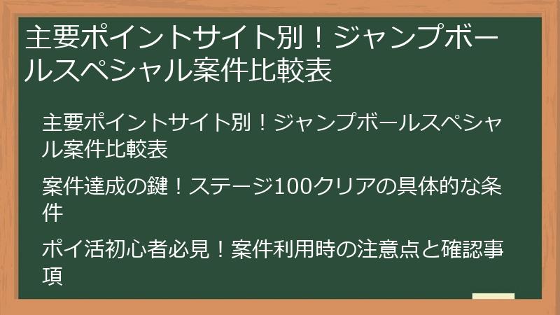 主要ポイントサイト別！ジャンプボールスペシャル案件比較表