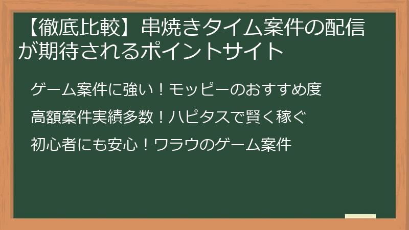 【徹底比較】串焼きタイム案件の配信が期待されるポイントサイト