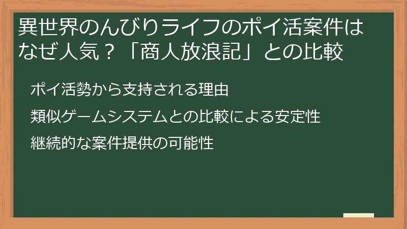 異世界のんびりライフのポイ活案件はなぜ人気?「商人放浪記」との比較