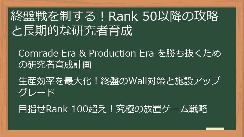 終盤戦を制する！Rank 50以降の攻略と長期的な研究者育成