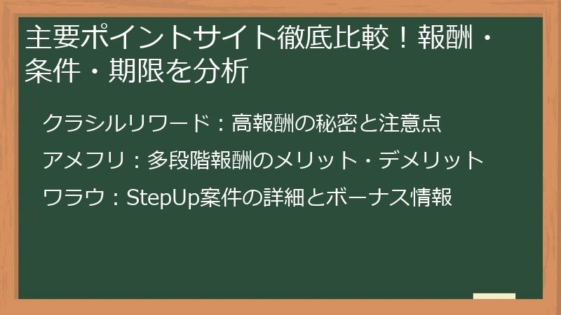 主要ポイントサイト徹底比較！報酬・条件・期限を分析