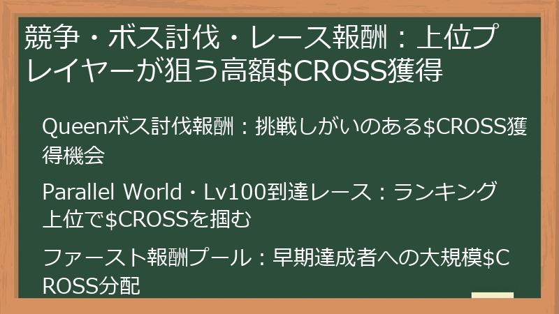 競争・ボス討伐・レース報酬：上位プレイヤーが狙う高額$CROSS獲得