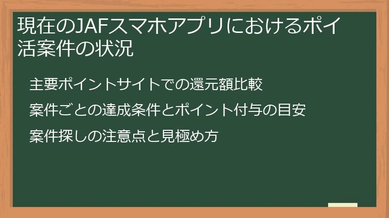現在のJAFスマホアプリにおけるポイ活案件の状況