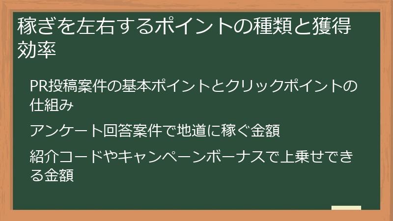 稼ぎを左右するポイントの種類と獲得効率