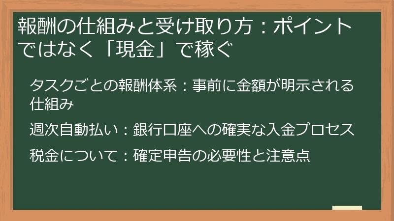 報酬の仕組みと受け取り方：ポイントではなく「現金」で稼ぐ