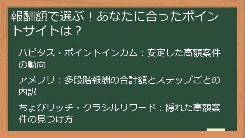 報酬額で選ぶ！あなたに合ったポイントサイトは？