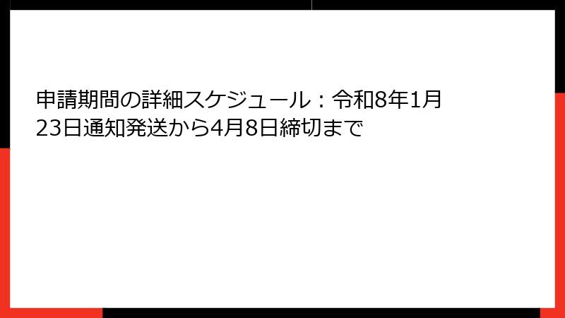 申請期間の詳細スケジュール:令和8年1月23日通知発送から4月8日締切まで