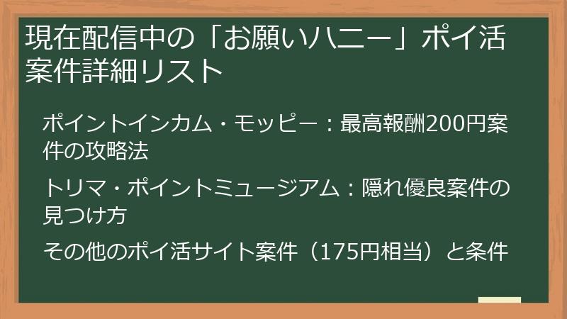 現在配信中の「お願いハニー」ポイ活案件詳細リスト