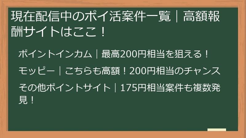 現在配信中のポイ活案件一覧｜高額報酬サイトはここ！