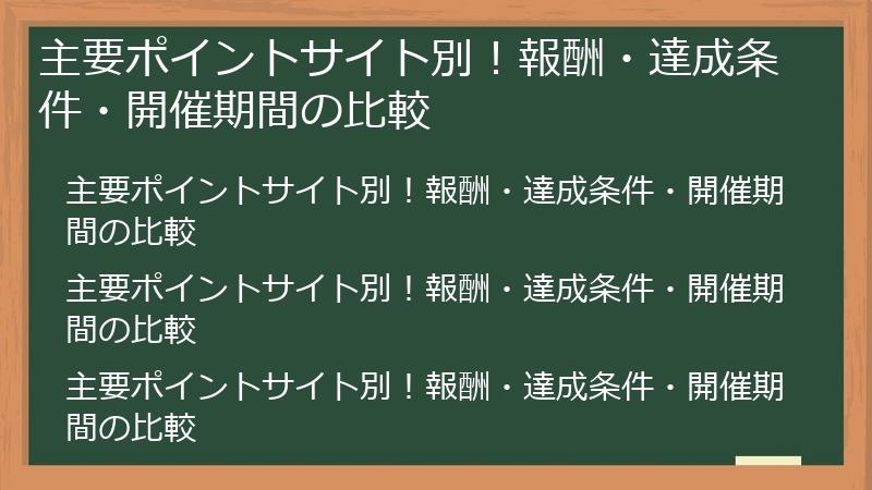 主要ポイントサイト別！報酬・達成条件・開催期間の比較