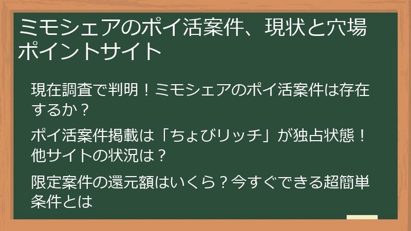 ミモシェアのポイ活案件、現状と穴場ポイントサイト