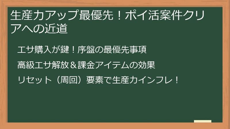 生産力アップ最優先！ポイ活案件クリアへの近道