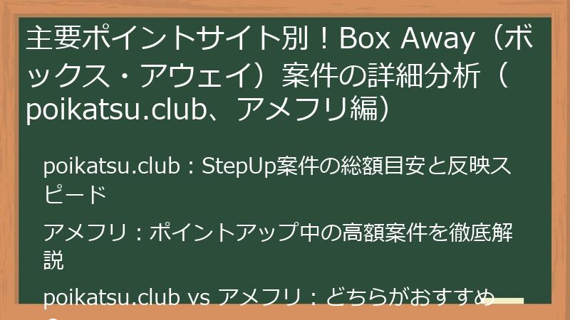 主要ポイントサイト別！Box Away（ボックス・アウェイ）案件の詳細分析（poikatsu.club、アメフリ編）