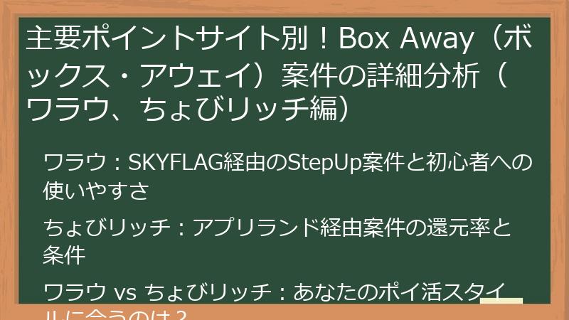 主要ポイントサイト別！Box Away（ボックス・アウェイ）案件の詳細分析（ワラウ、ちょびリッチ編）