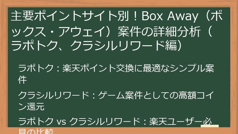 主要ポイントサイト別！Box Away（ボックス・アウェイ）案件の詳細分析（ラポトク、クラシルリワード編）
