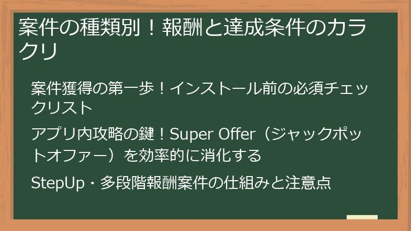 案件の種類別！報酬と達成条件のカラクリ