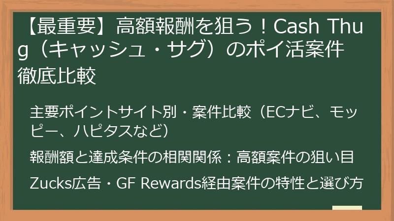 【最重要】高額報酬を狙う！Cash Thug（キャッシュ・サグ）のポイ活案件徹底比較