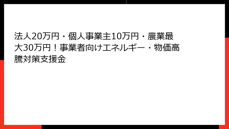 法人20万円・個人事業主10万円・農業最大30万円！事業者向けエネルギー・物価高騰対策支援金