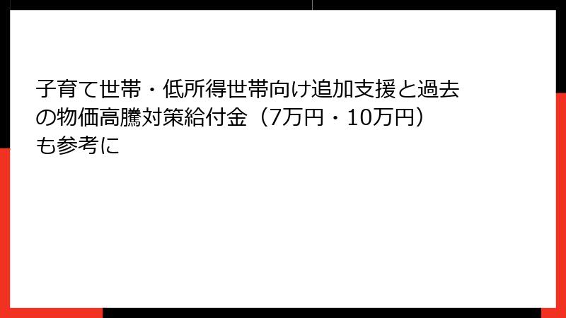 子育て世帯・低所得世帯向け追加支援と過去の物価高騰対策給付金(7万円・10万円)も参考に